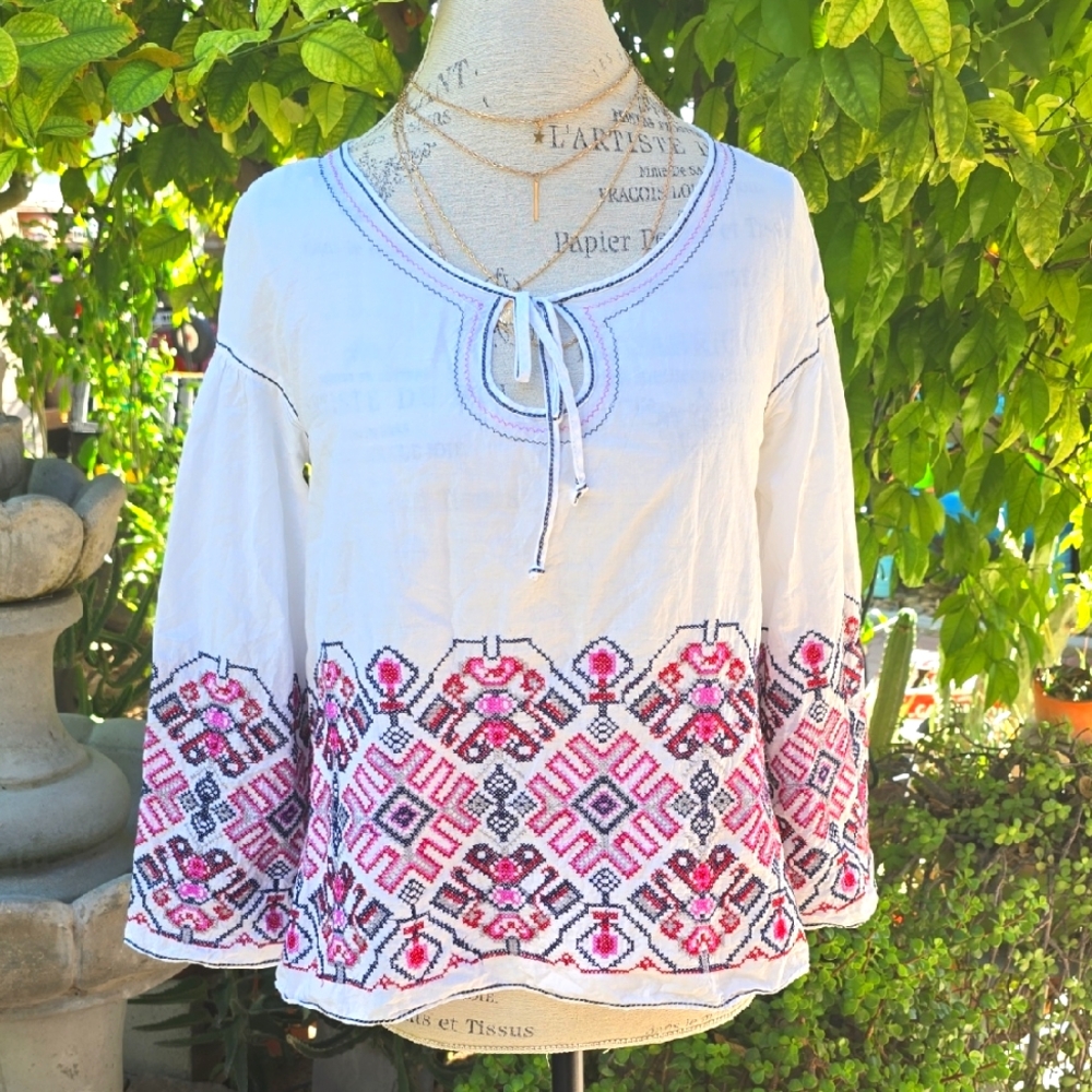 Chelsea & Violet White and Pink 3/4 Sleeve Blouse with Tie Front